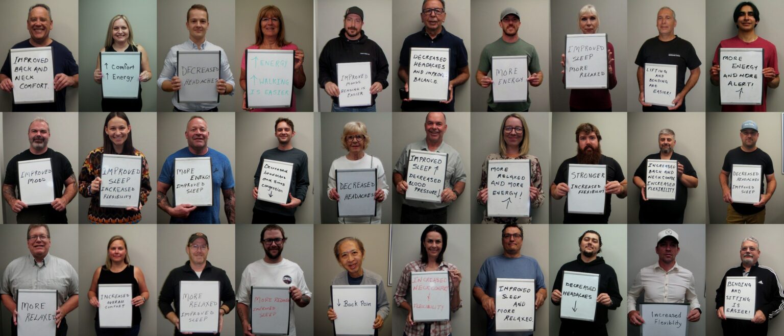 Collage of 30 Fish Creek Chiropractic patients holding handwritten signs about their results, such as improved sleep, decreased headaches, more energy and increased flexibility